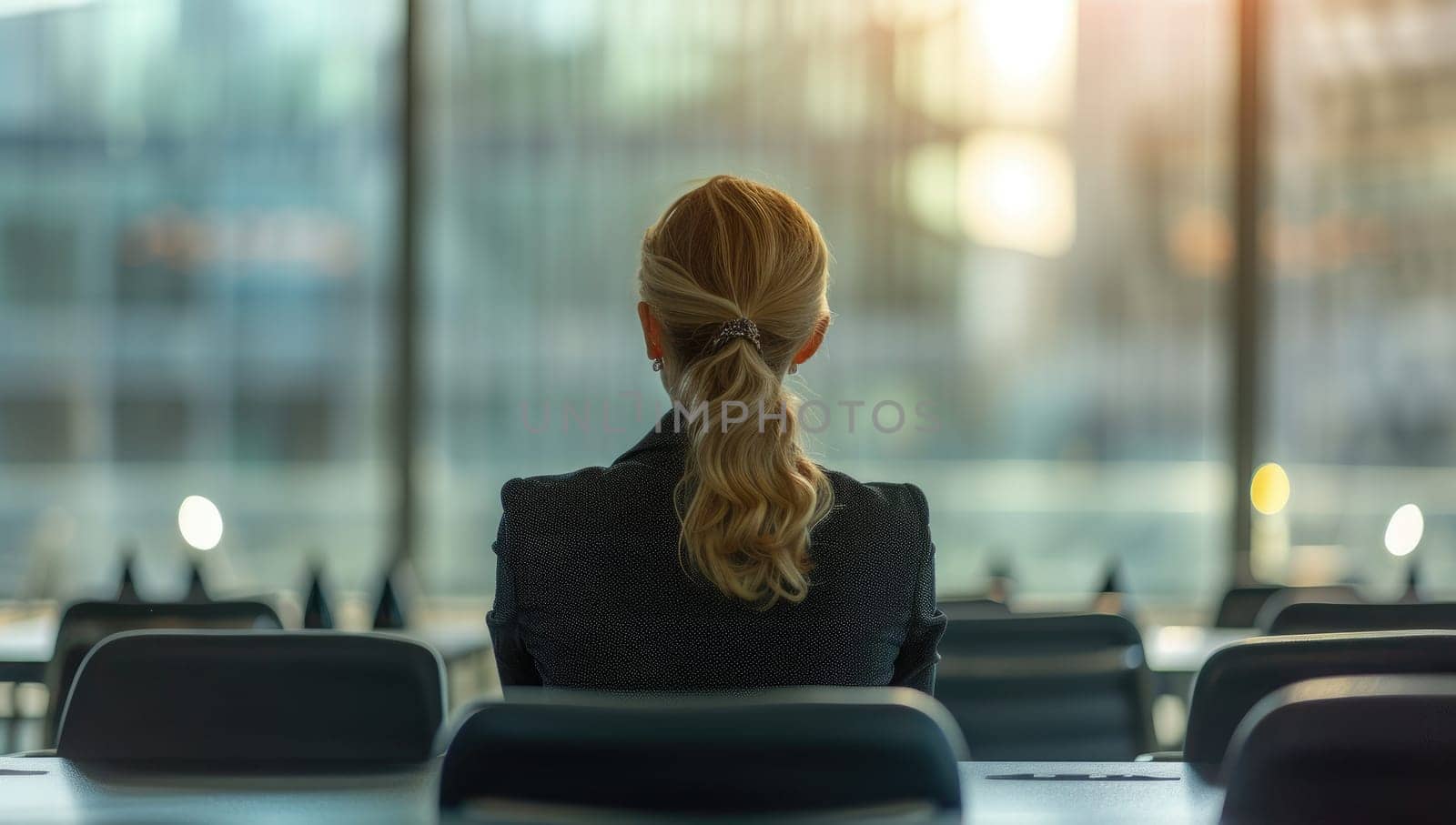 Rear view of a businesswoman sitting in an empty conference room