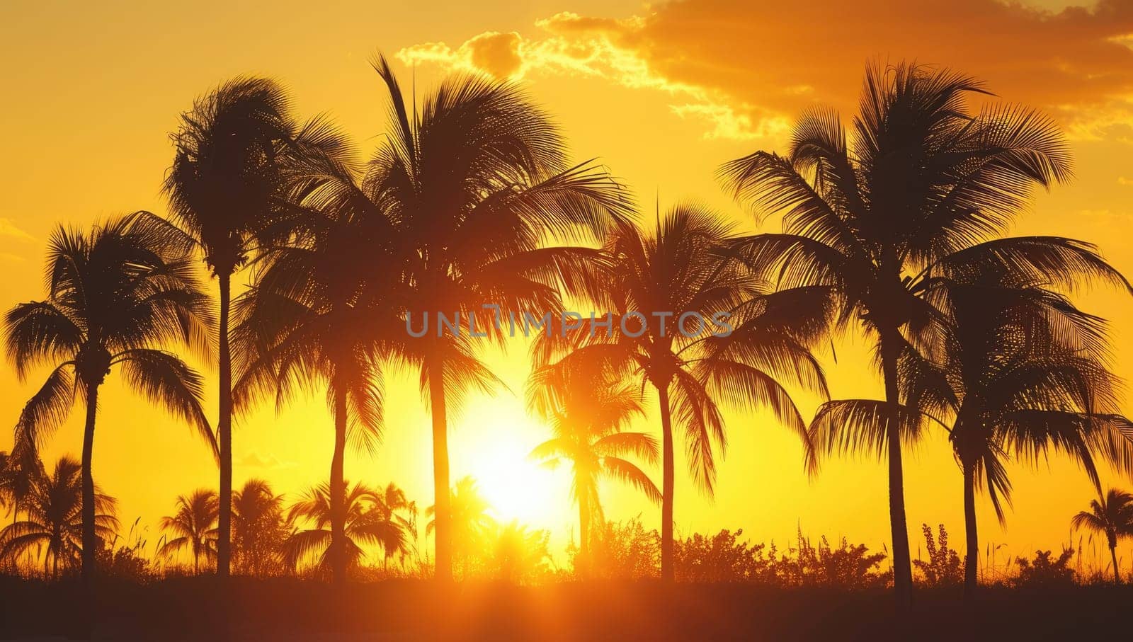 Silhouette of palm trees against a golden sunset on a tropical beach by ailike