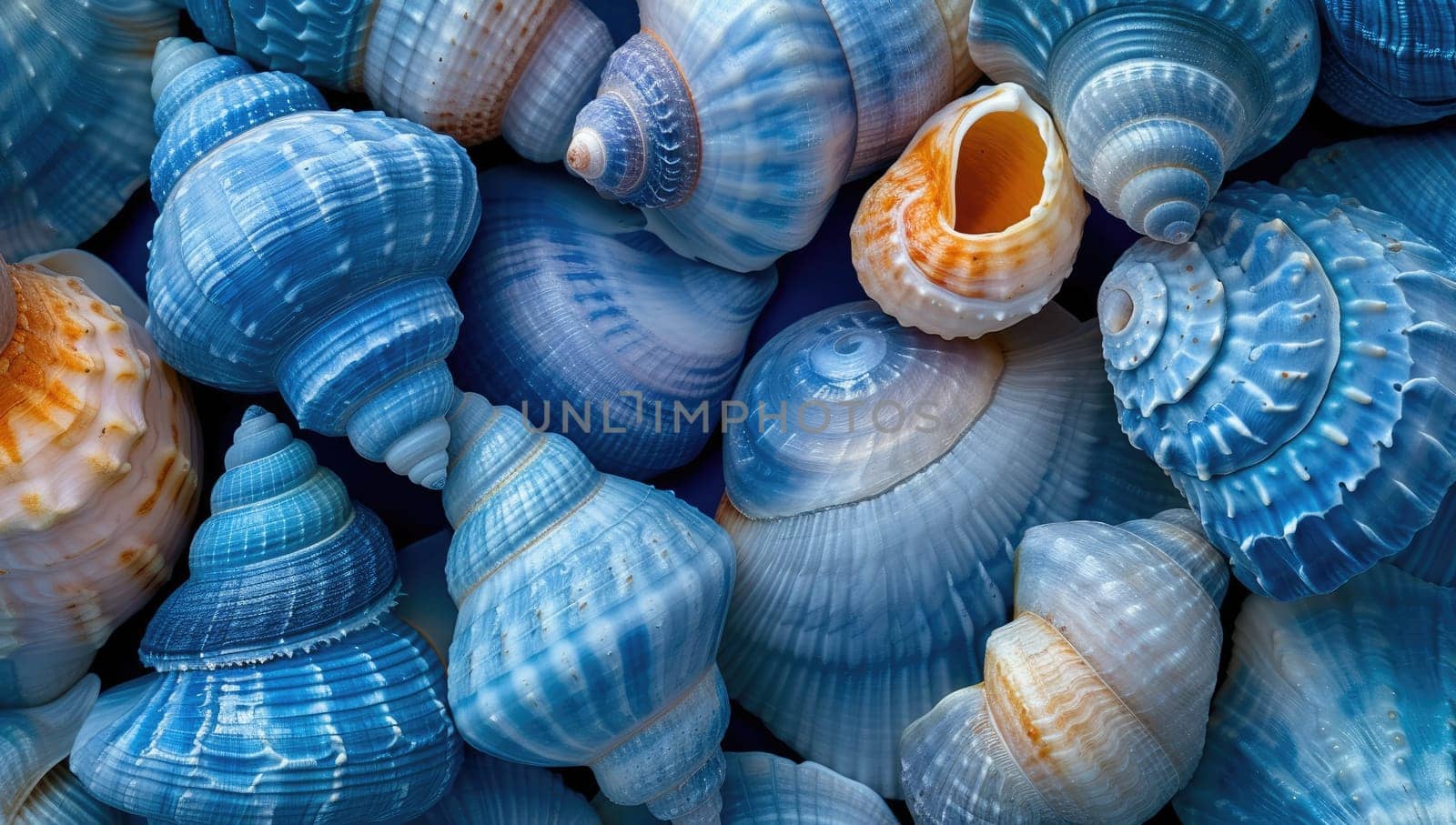 Blue seashells background. Colorful seashells background.