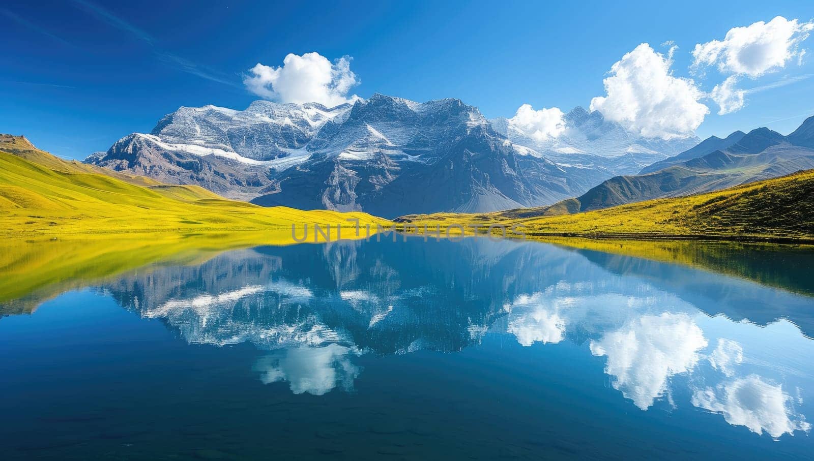 Snowcapped mountains reflecting in alpine lake amidst green meadows