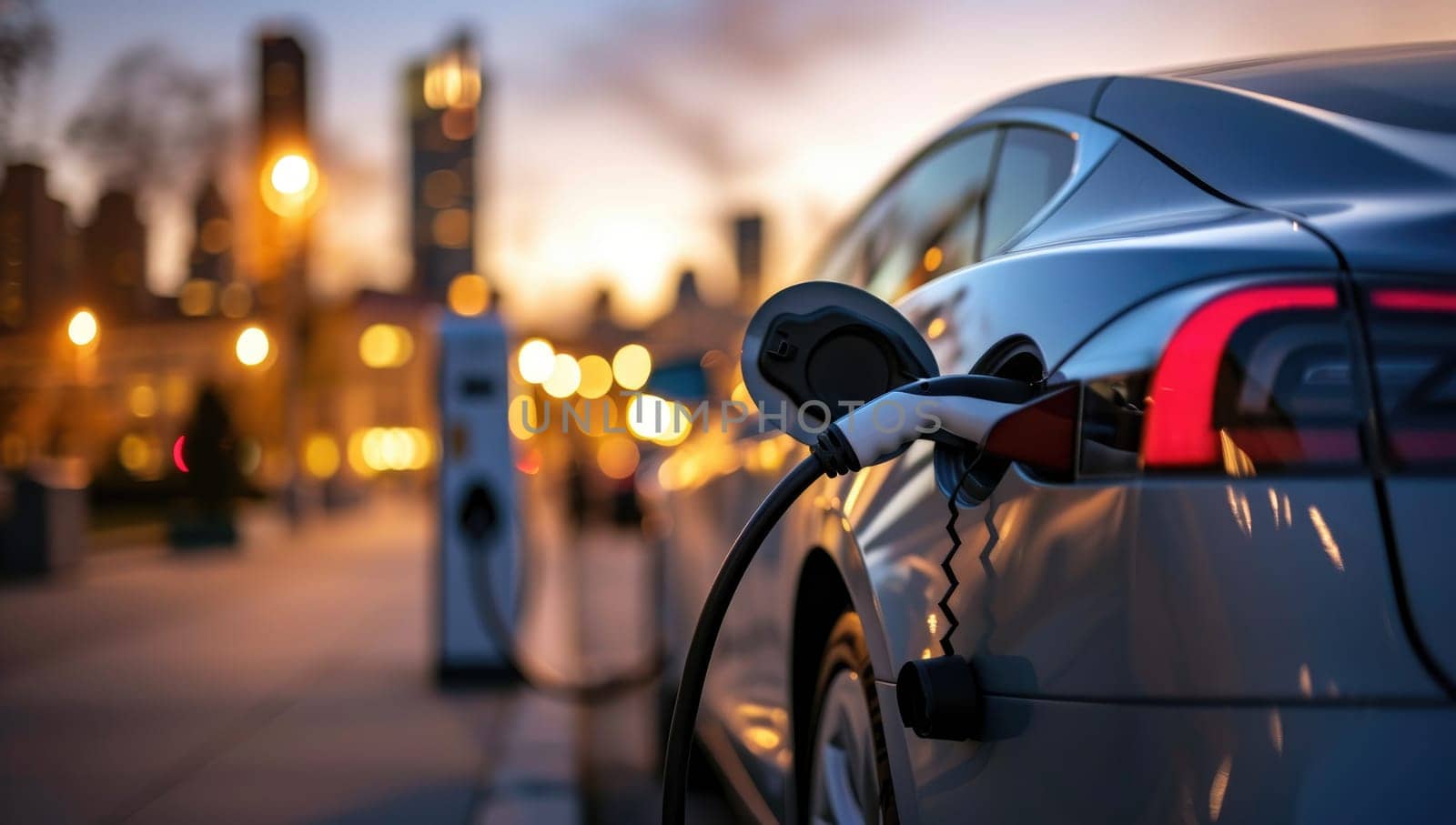 Electric car charging in the city at night by ailike