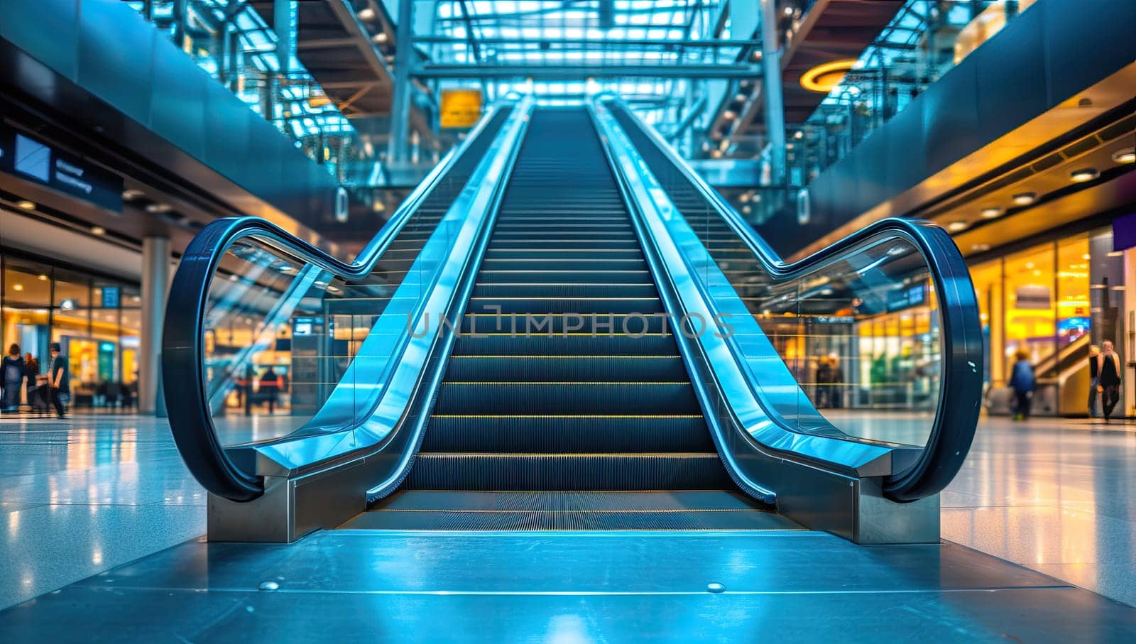 Upward escalator in modern airport terminal by ailike