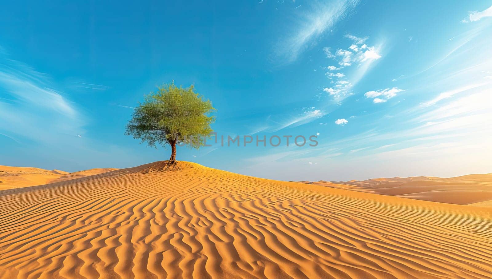 Solitary tree amidst vast golden sand dunes under clear blue sky by ailike