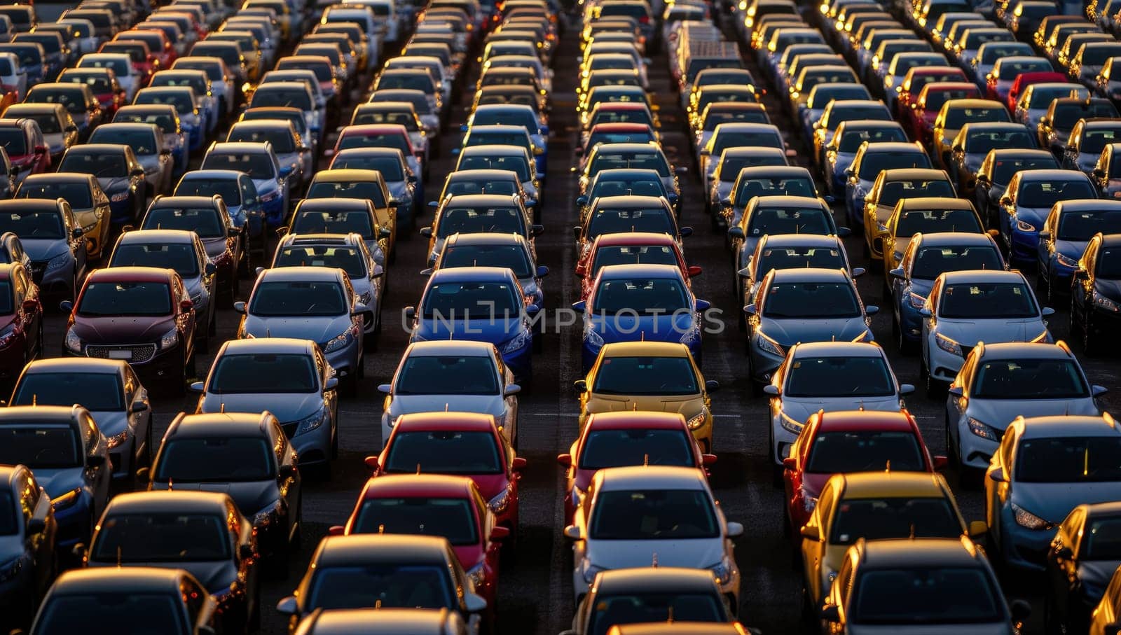 New cars parked in distribution center at sunset