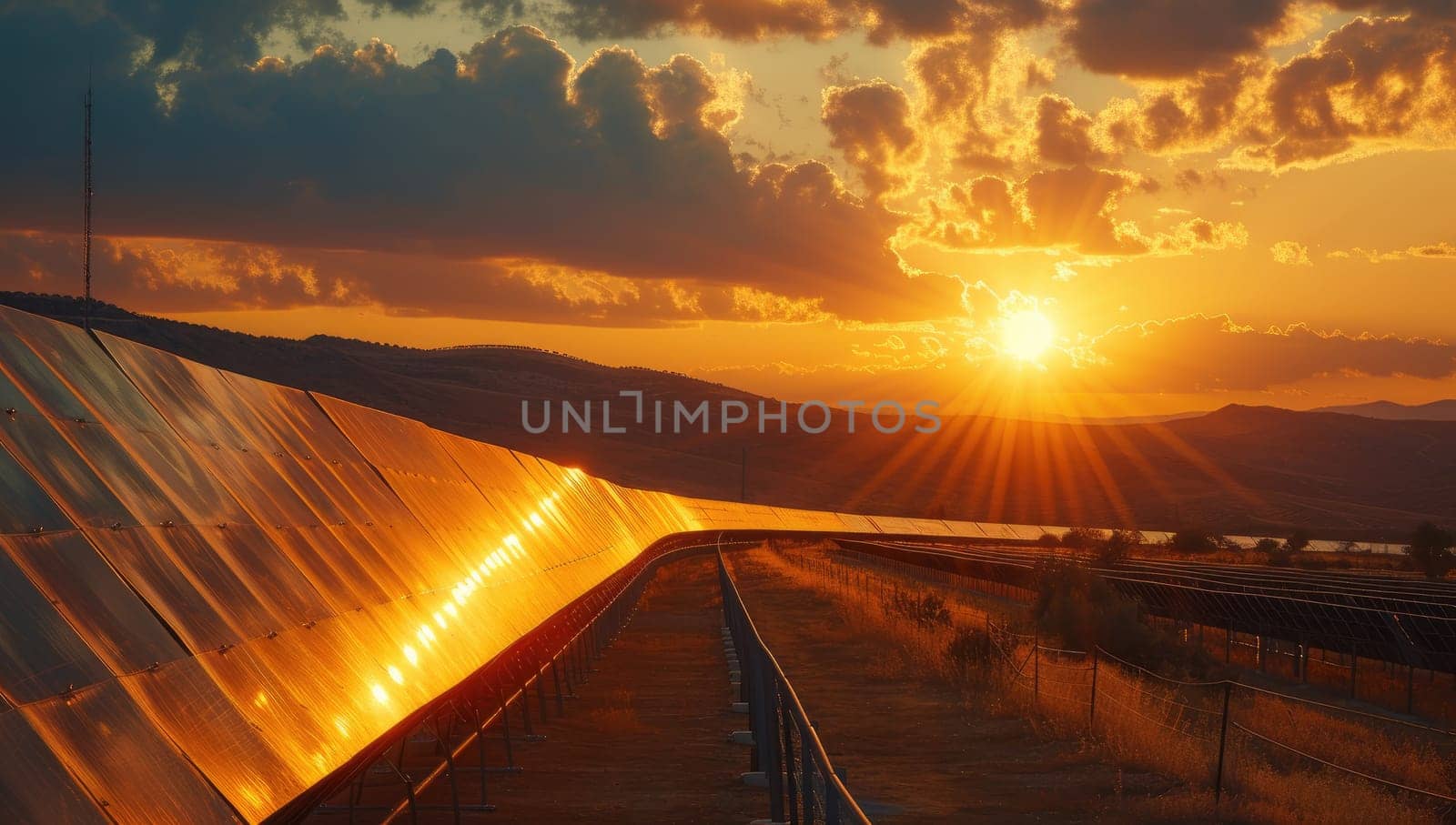 Solar panels on a background of the setting sun. The concept of renewable energy.