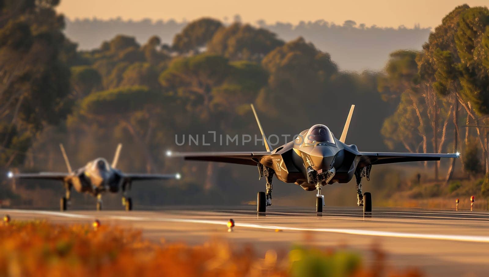Fighter jets ready for takeoff at sunrise