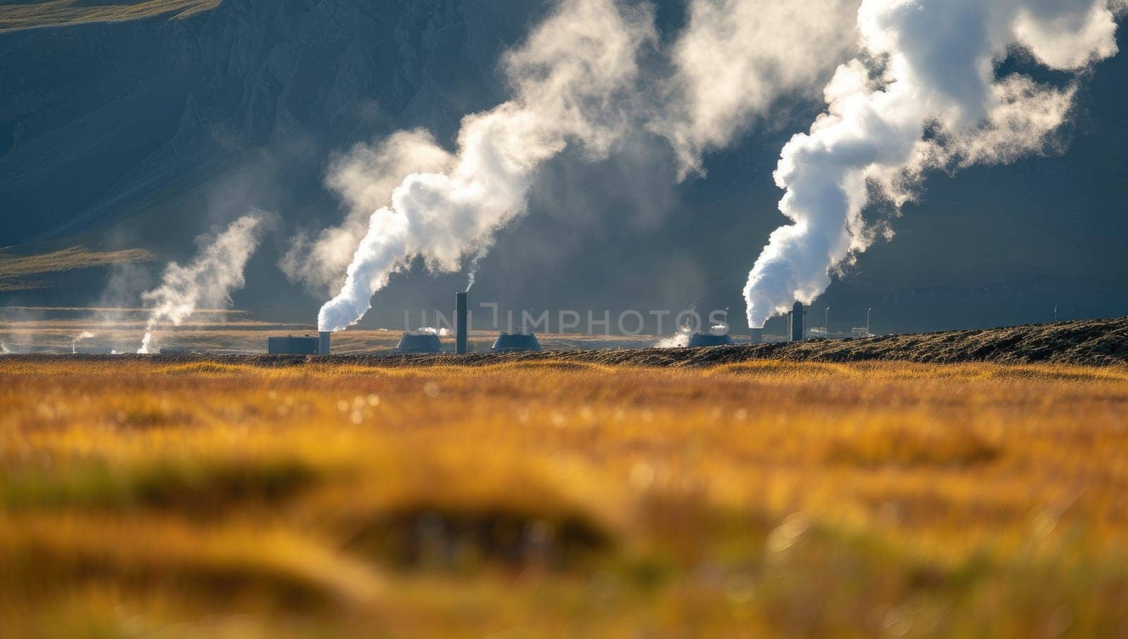 Smoke from chimneys of a power station in the field.