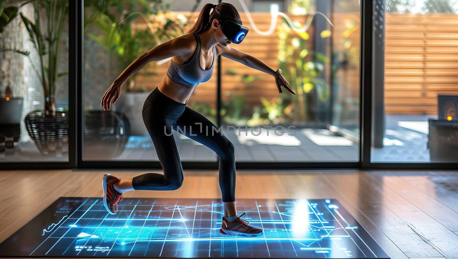 Fitness woman in sportswear running at home with virtual reality headset.