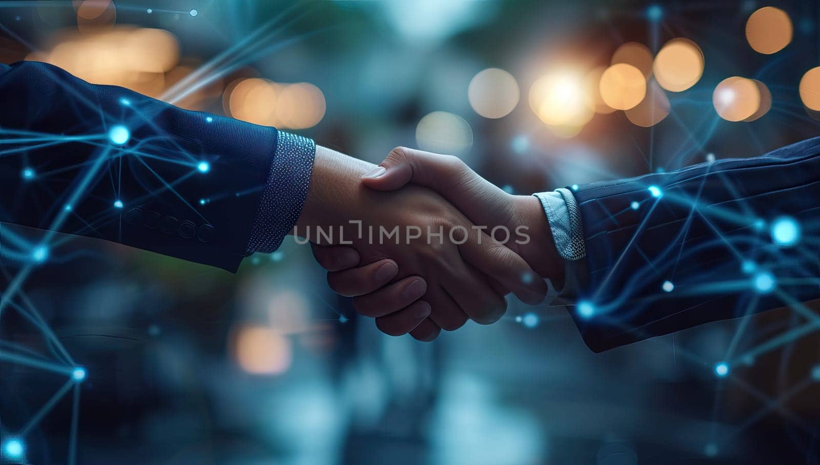 Close up of business people shaking hands against bokeh light background