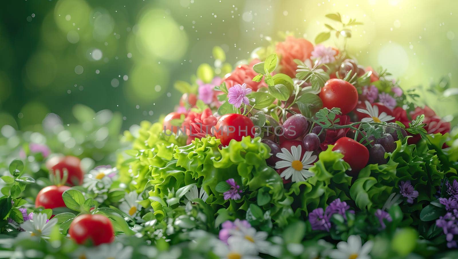 Spring bouquet with fresh flowers and cherry tomatoes