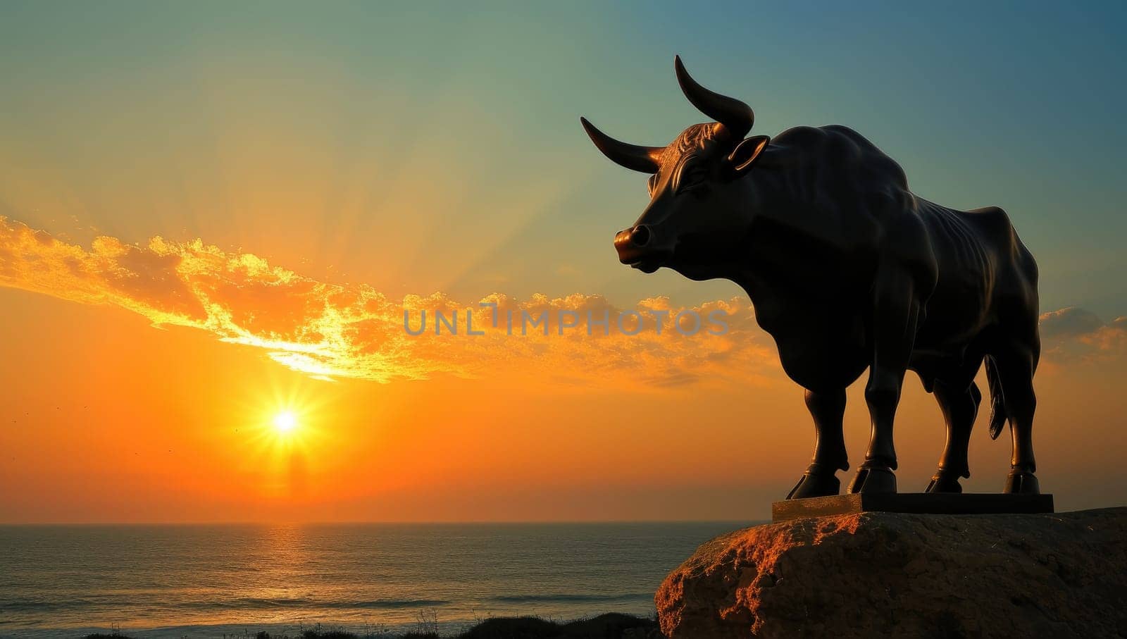 Bull statue symbolizing bullish trading against a vibrant ocean sunset by ailike