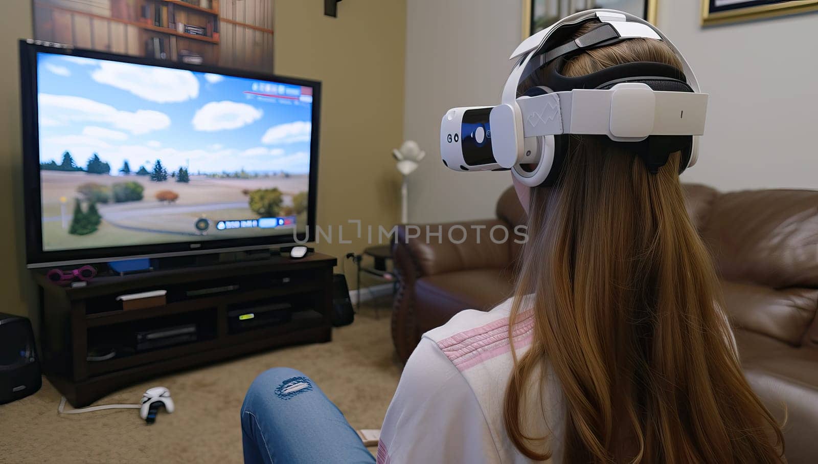 Young woman playing video games on a virtual reality headset at home.