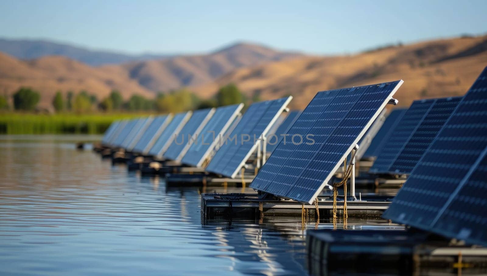 Solar panels generating power on a calm lake with hills in the background