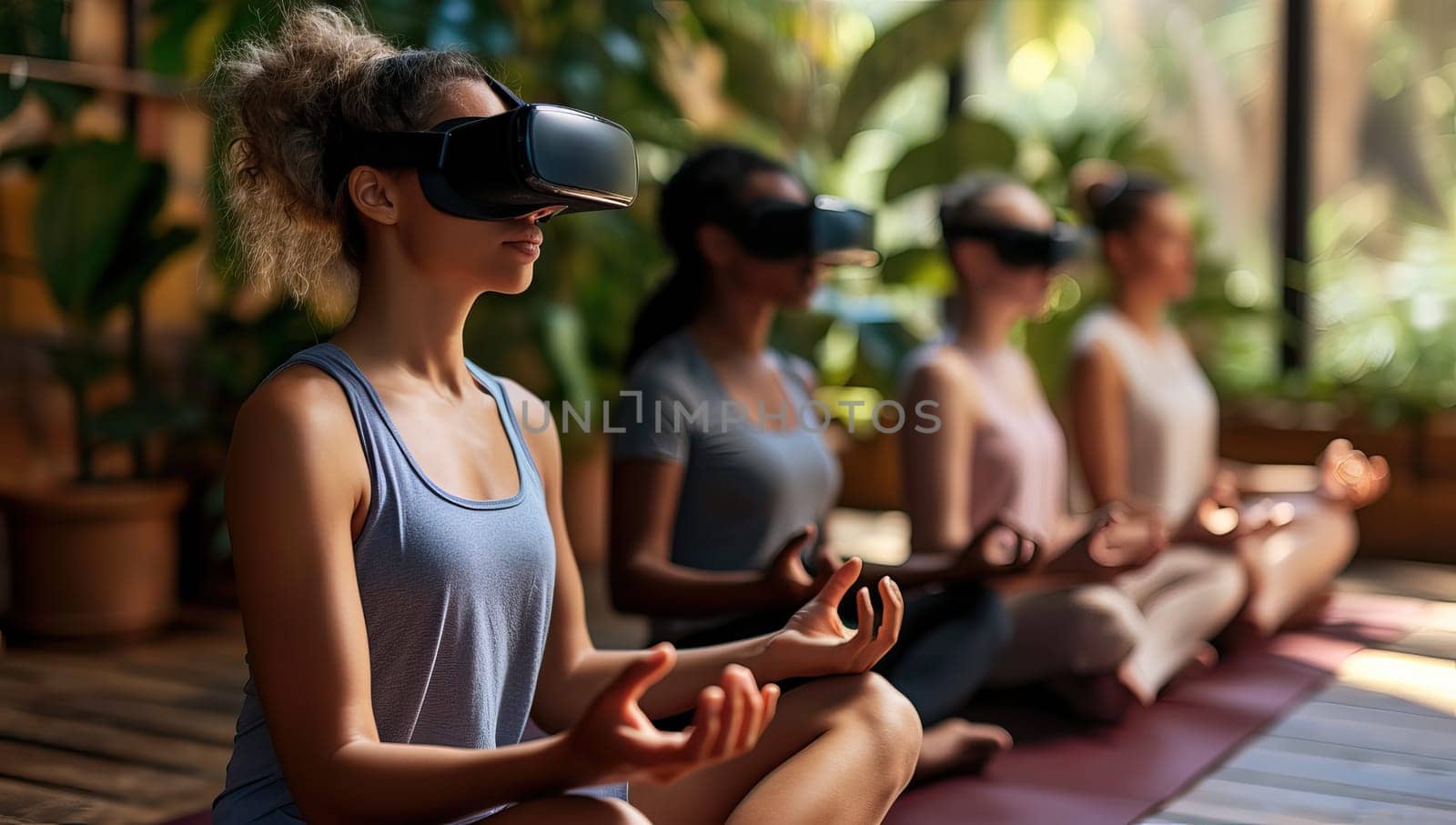 Group of young women in sportswear practicing yoga with virtual reality headset at home