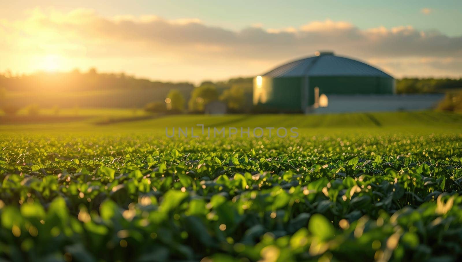 Green soybean field at sunset, agricultural landscape with grain silo by ailike