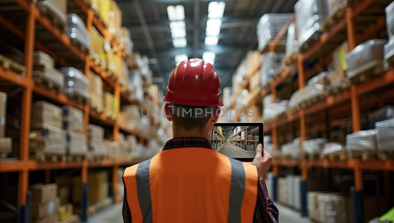 Rear view of warehouse worker using digital tablet in warehouse by ailike