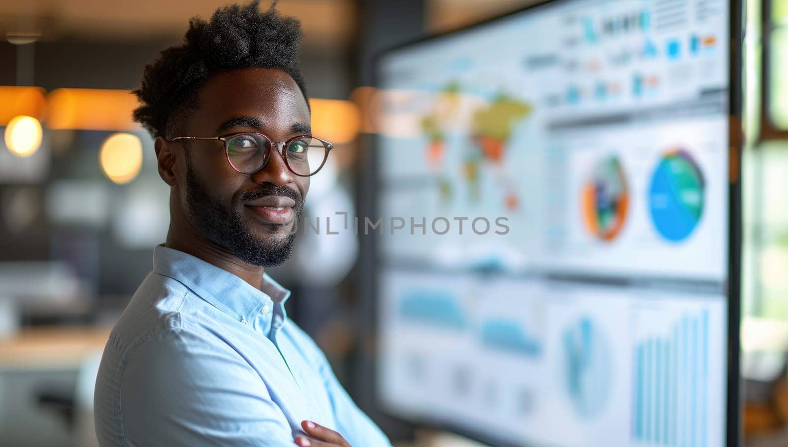 African American businessman analyzing office data visualizations