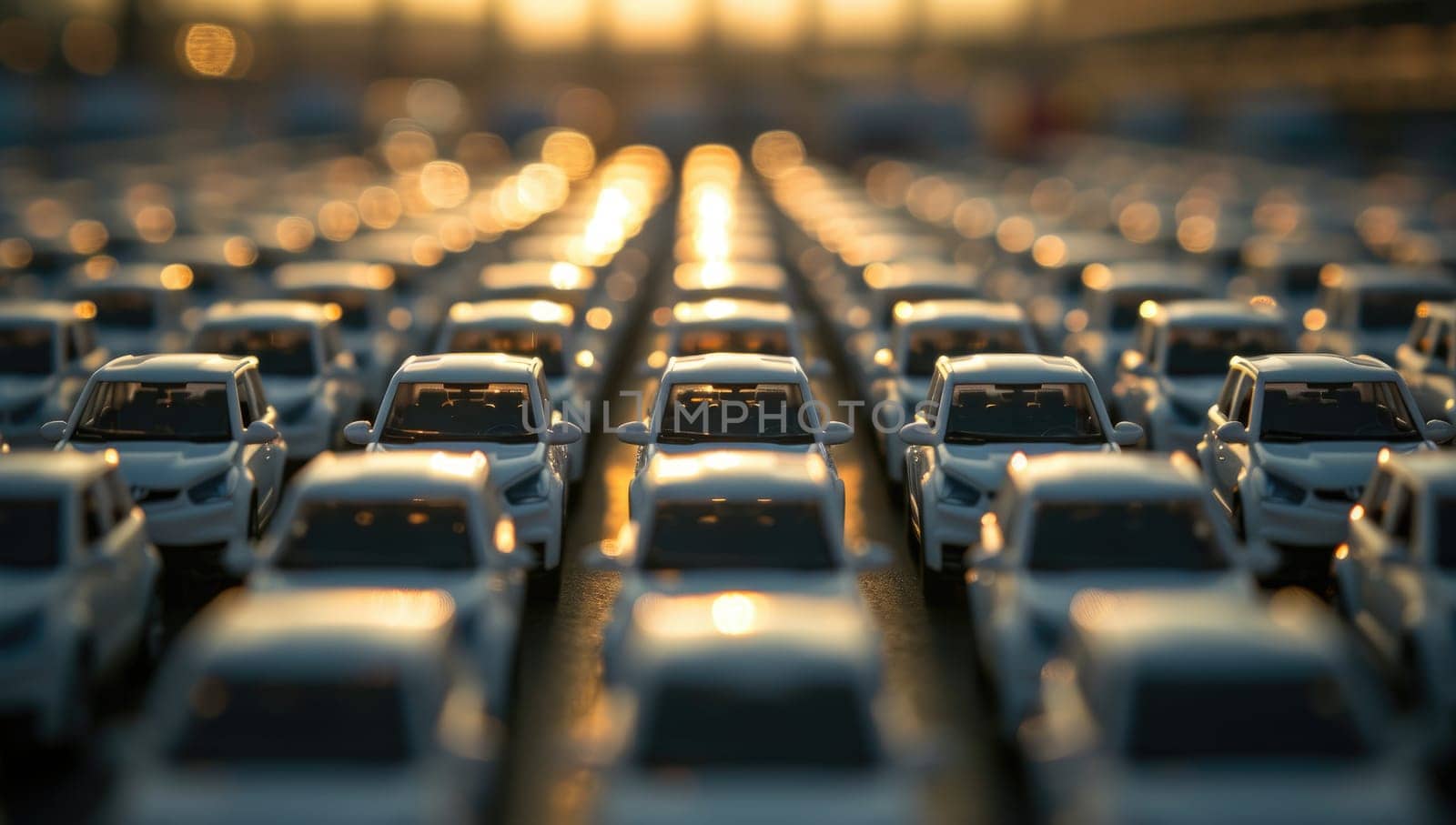 New cars lined up in parking lot at sunset by ailike