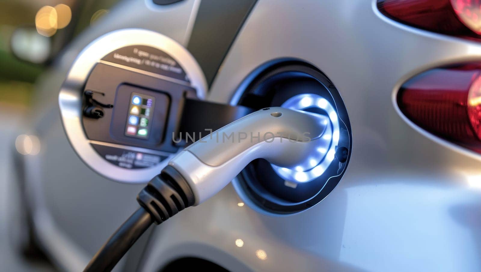 Electric car charging at a station with illuminated plug by ailike