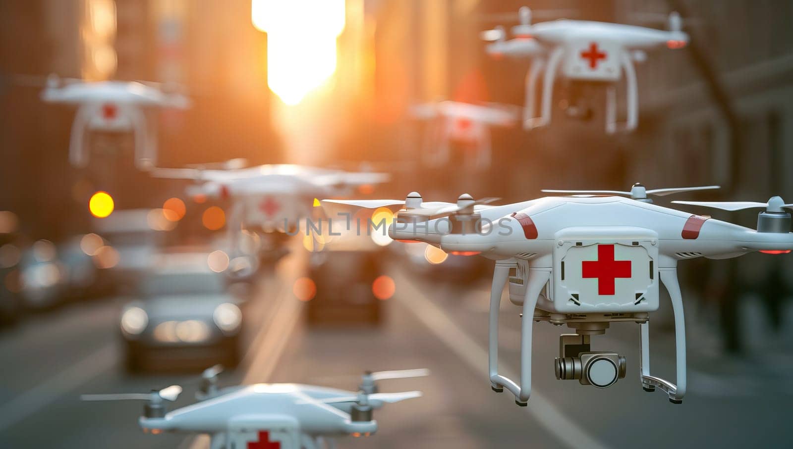 Medical drones flying in urban sunset