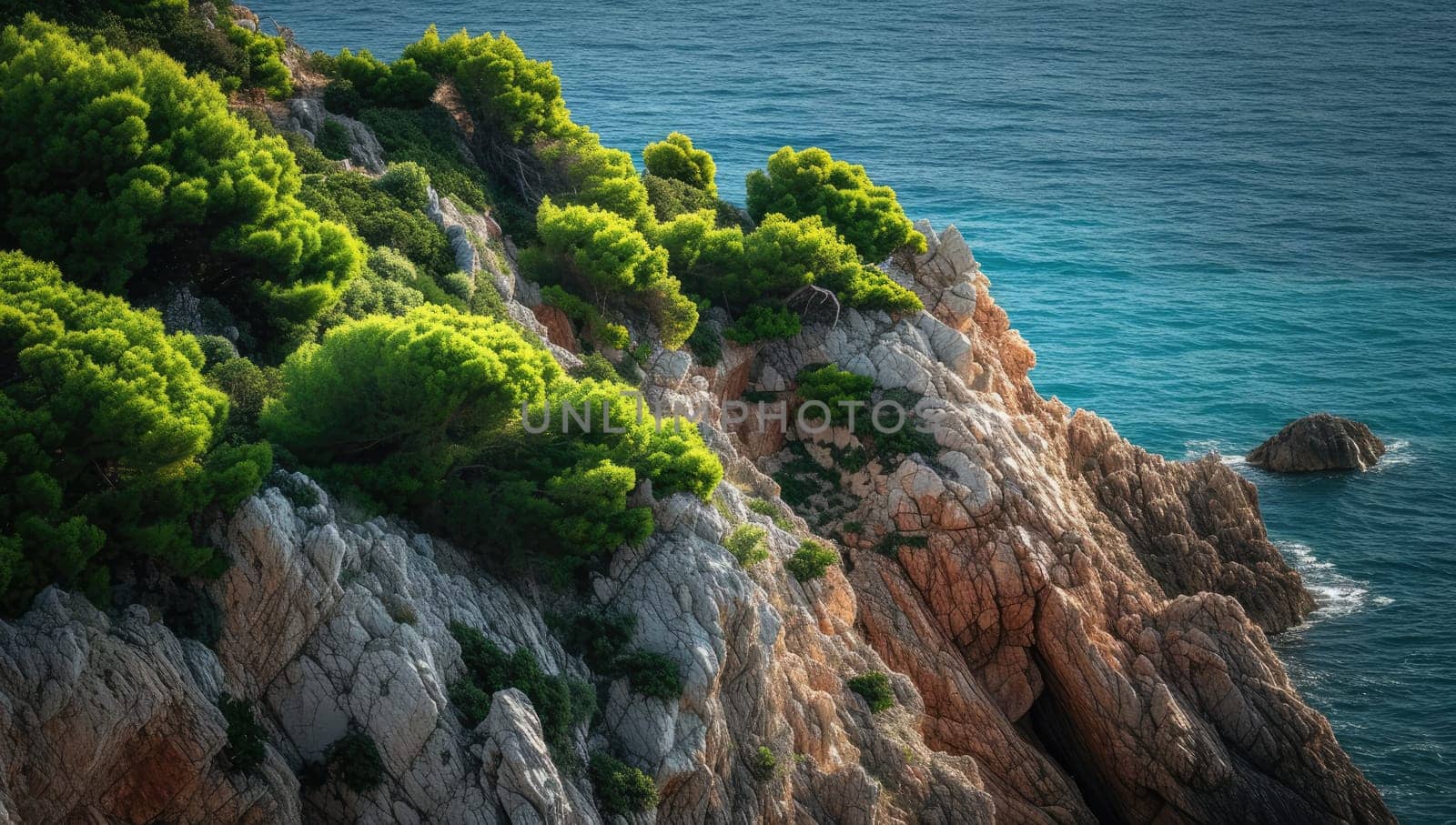 Rocky coast adorned with lush greenery overlooking serene ocean by ailike