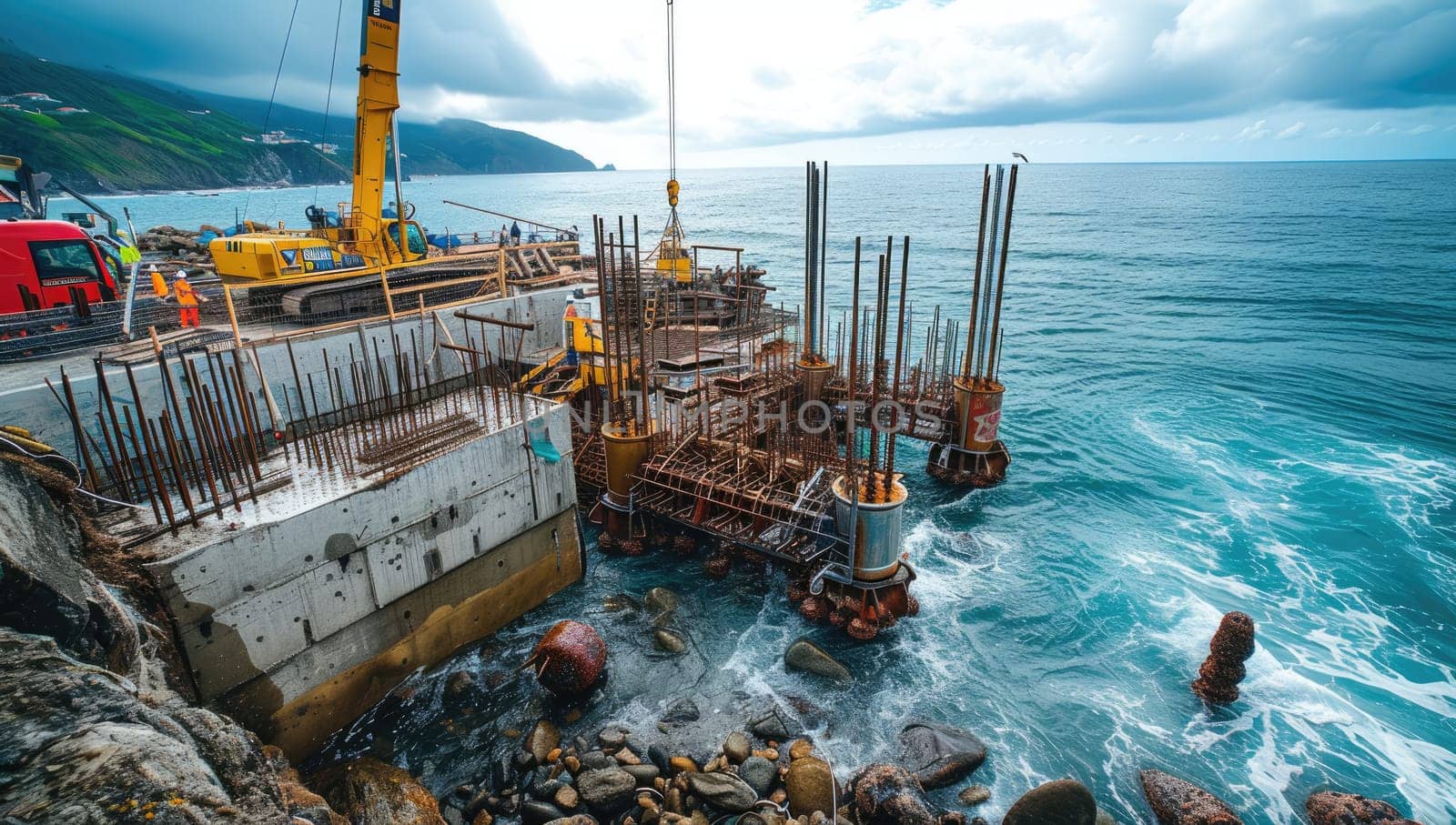 Seashore construction site with workers and machinery