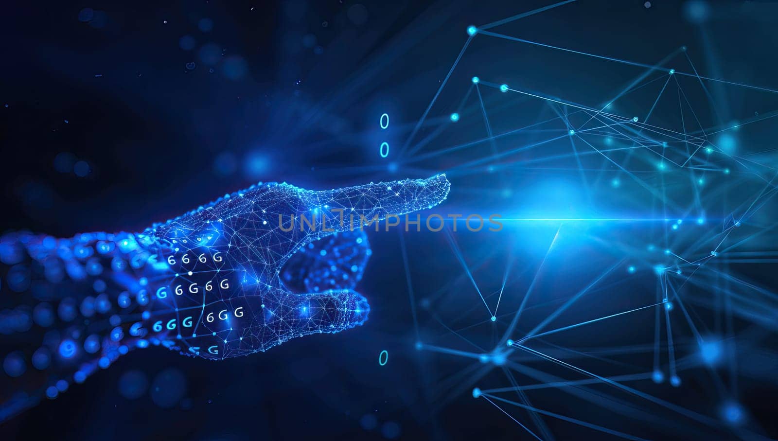 Human hand pointing at binary code hologram