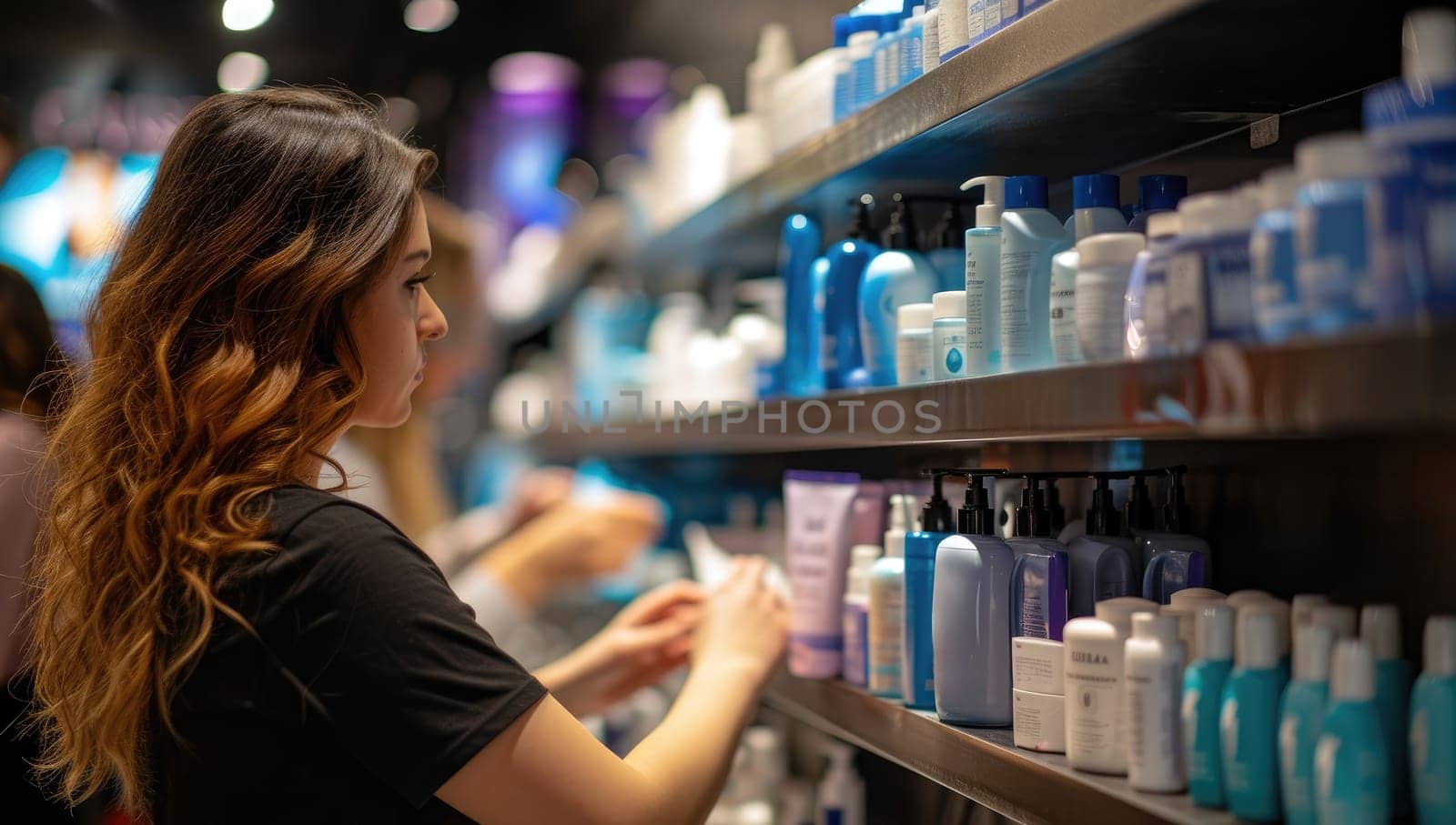 Adult woman choosing skincare products in cosmetics store
