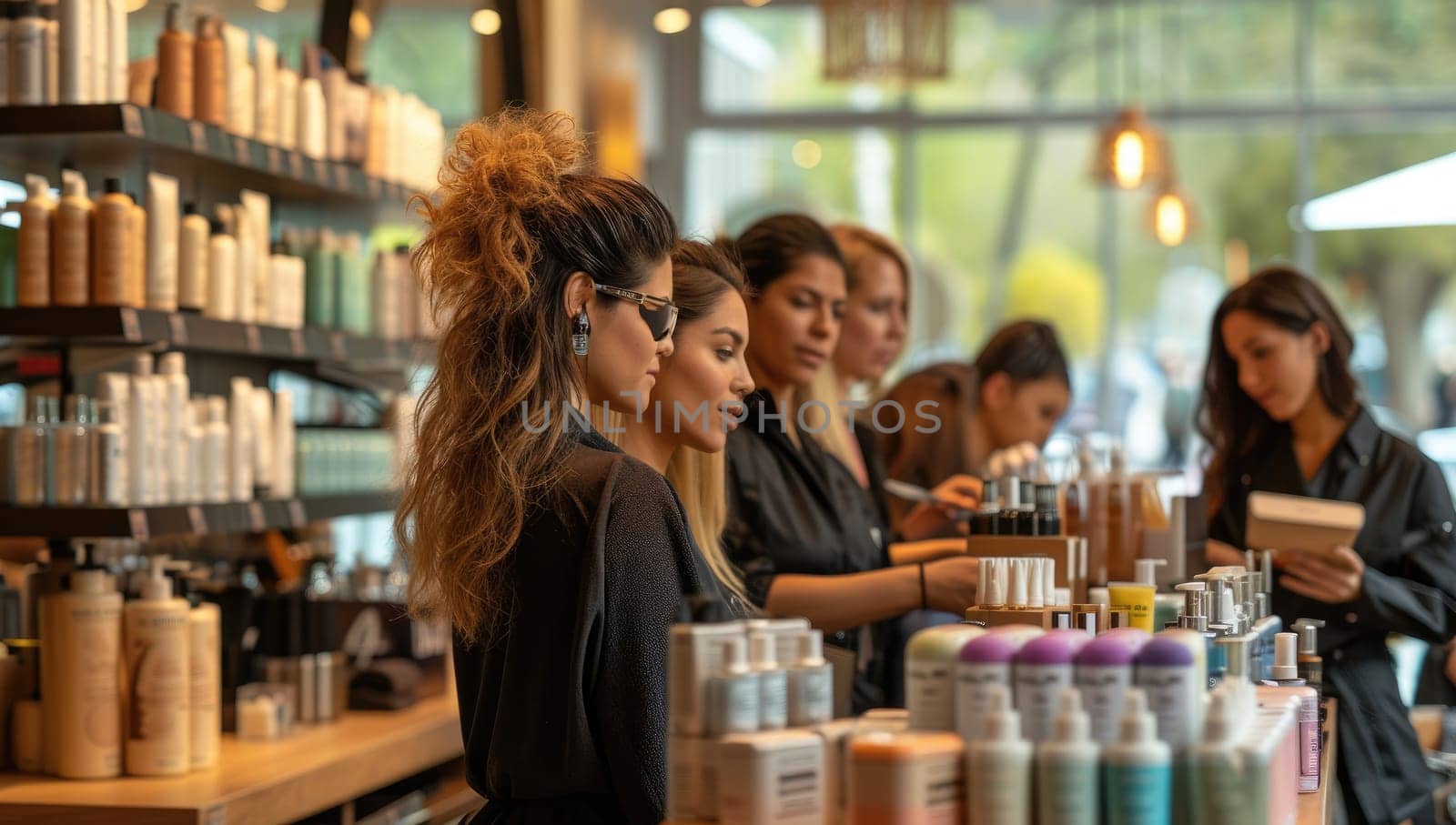 Asian woman choosing hair color in salon
