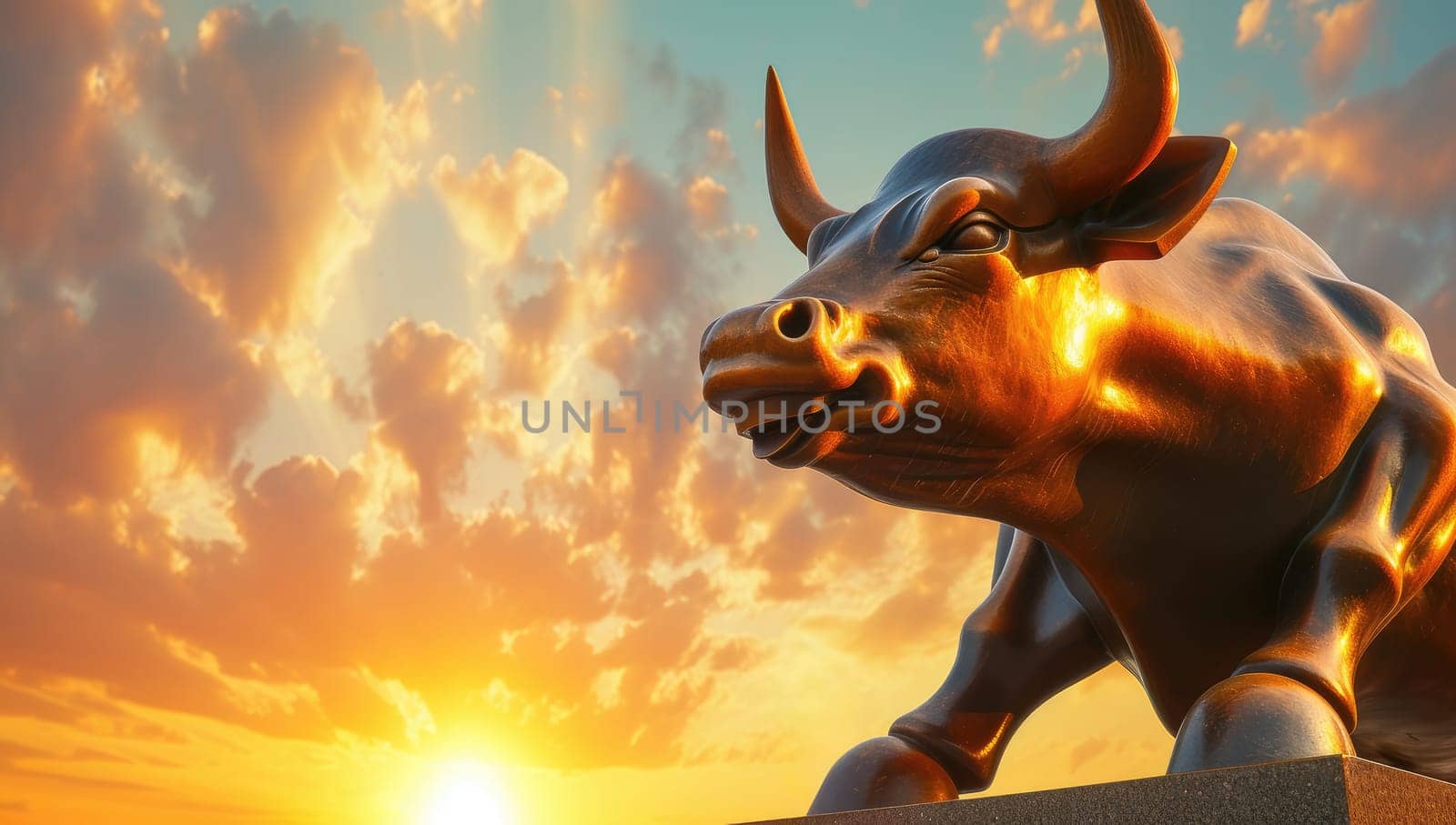 Majestic Bull Statue Illuminated by Sunset Symbolizing Financial Growth