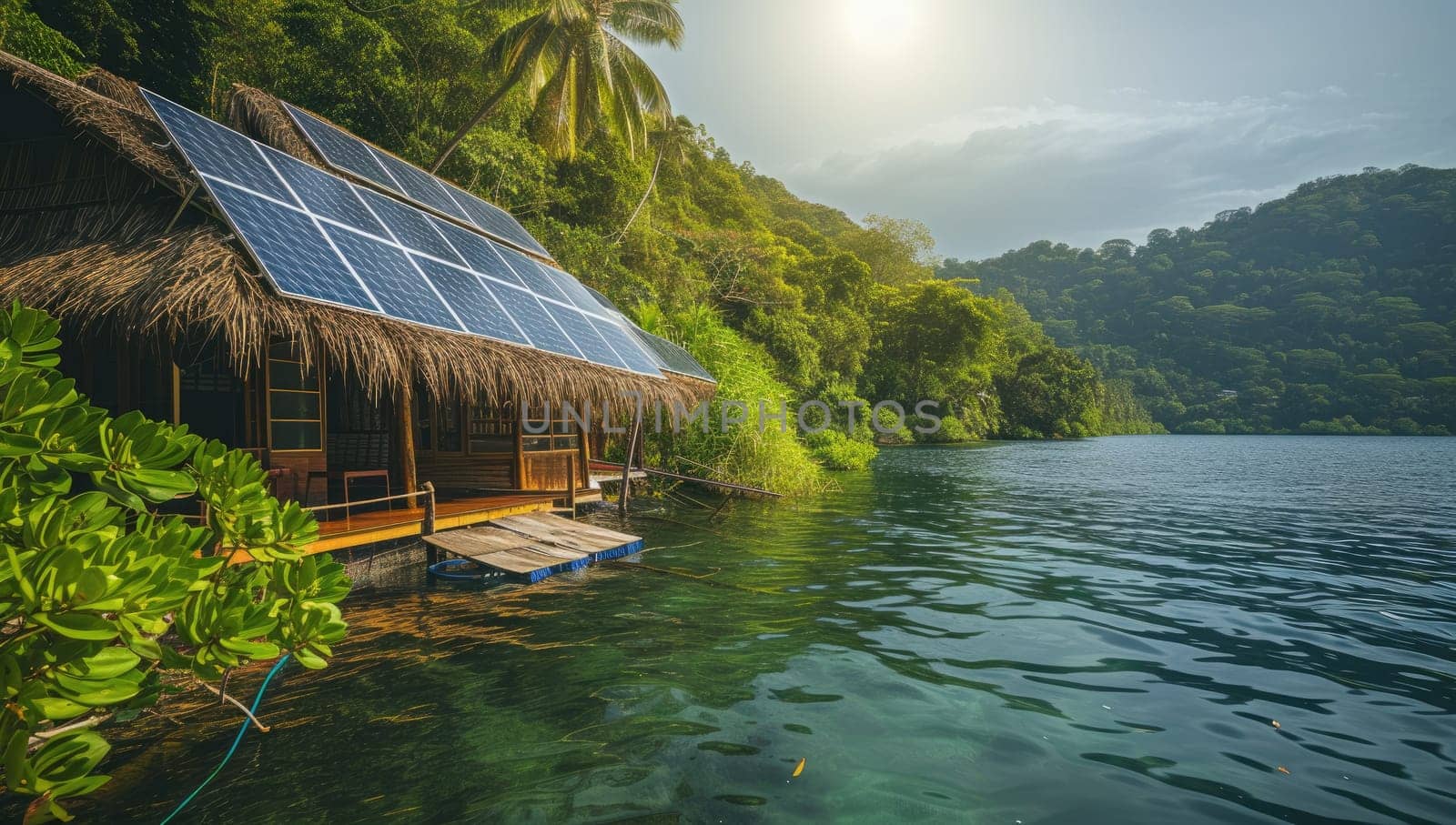 Bungalow with solar panels on sea