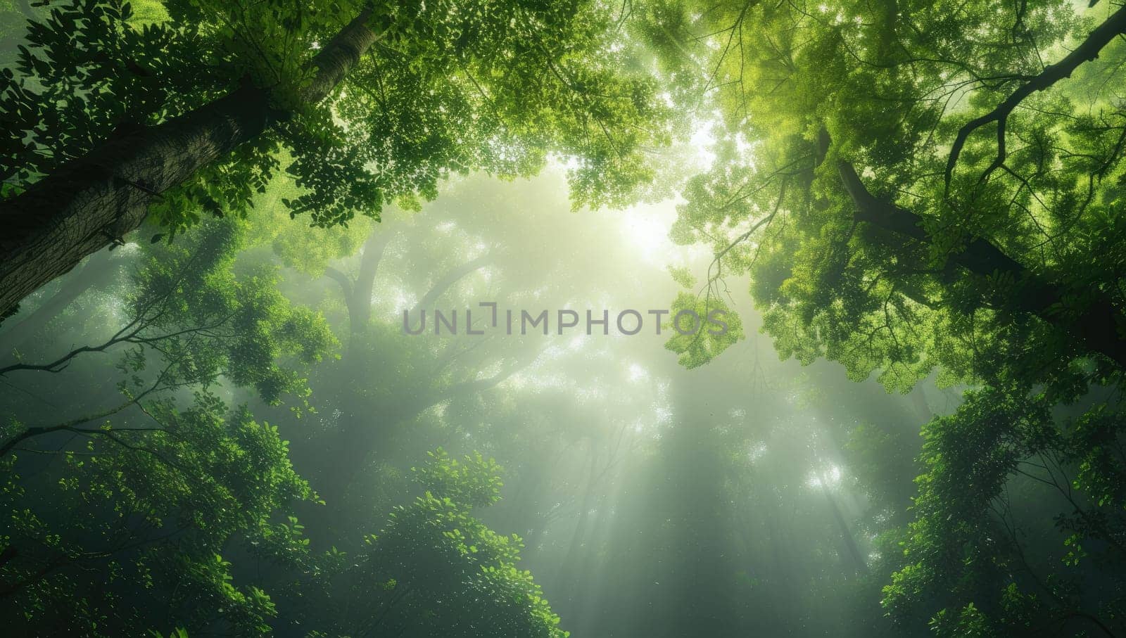 Sunbeams piercing through lush green forest canopy