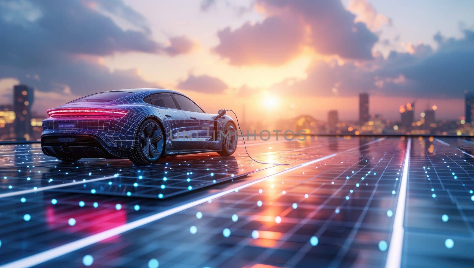 Electric car charging on illuminated solar panels against cityscape at sunset
