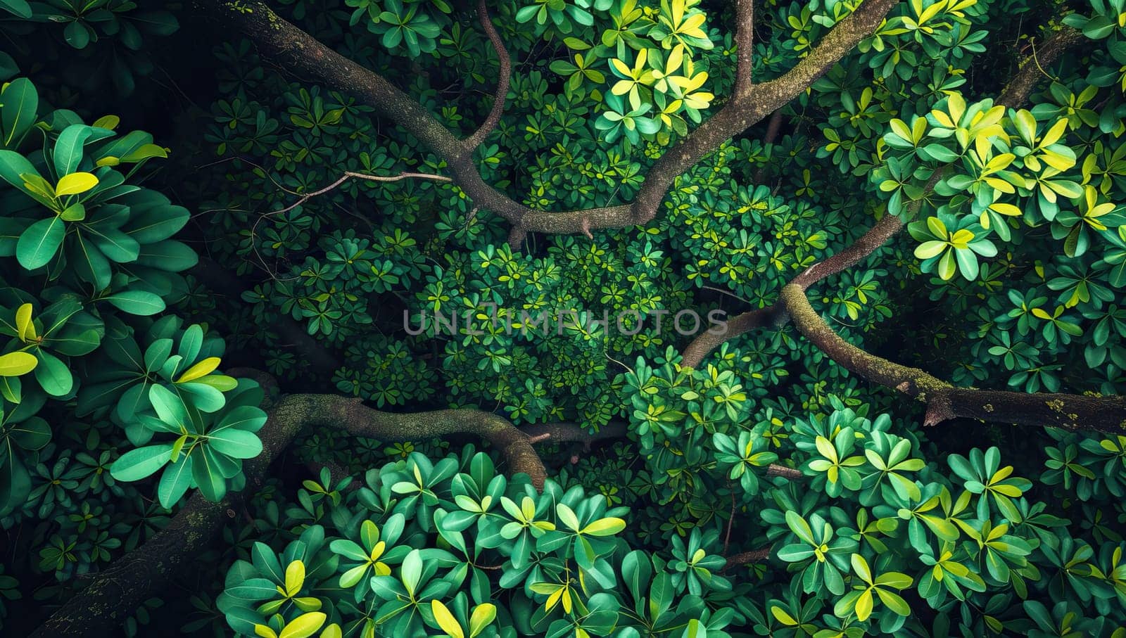 Lush green tropical leaves forming a dense forest canopy by ailike