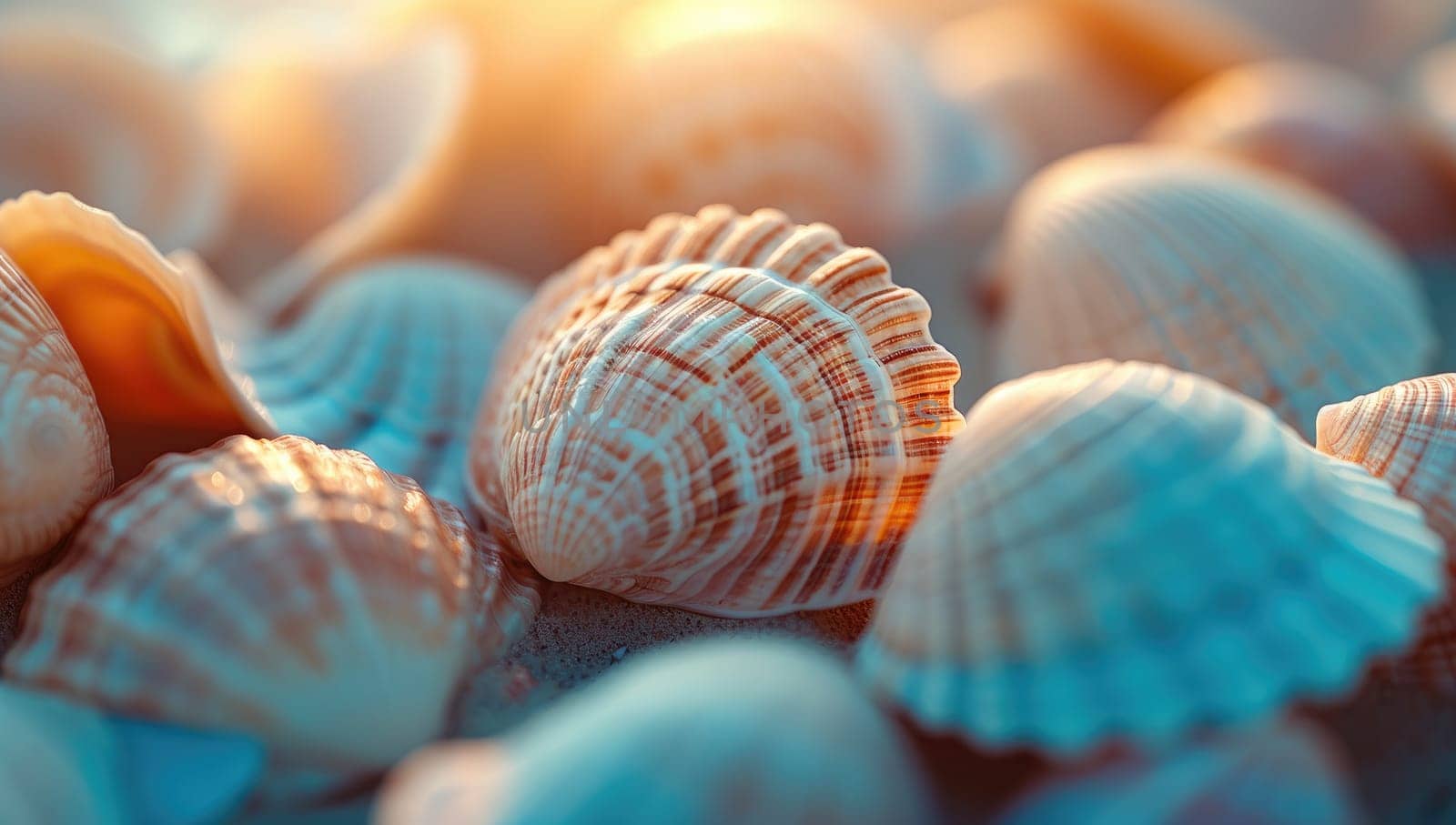 Close up view of diverse seashells illuminated by sunlight on a beach