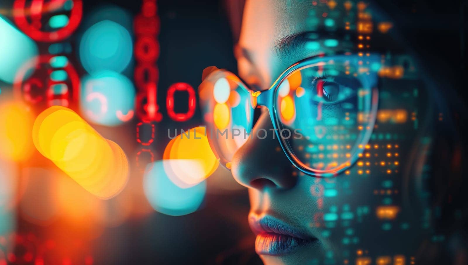 Portrait of woman in glasses with digital reflections by ailike