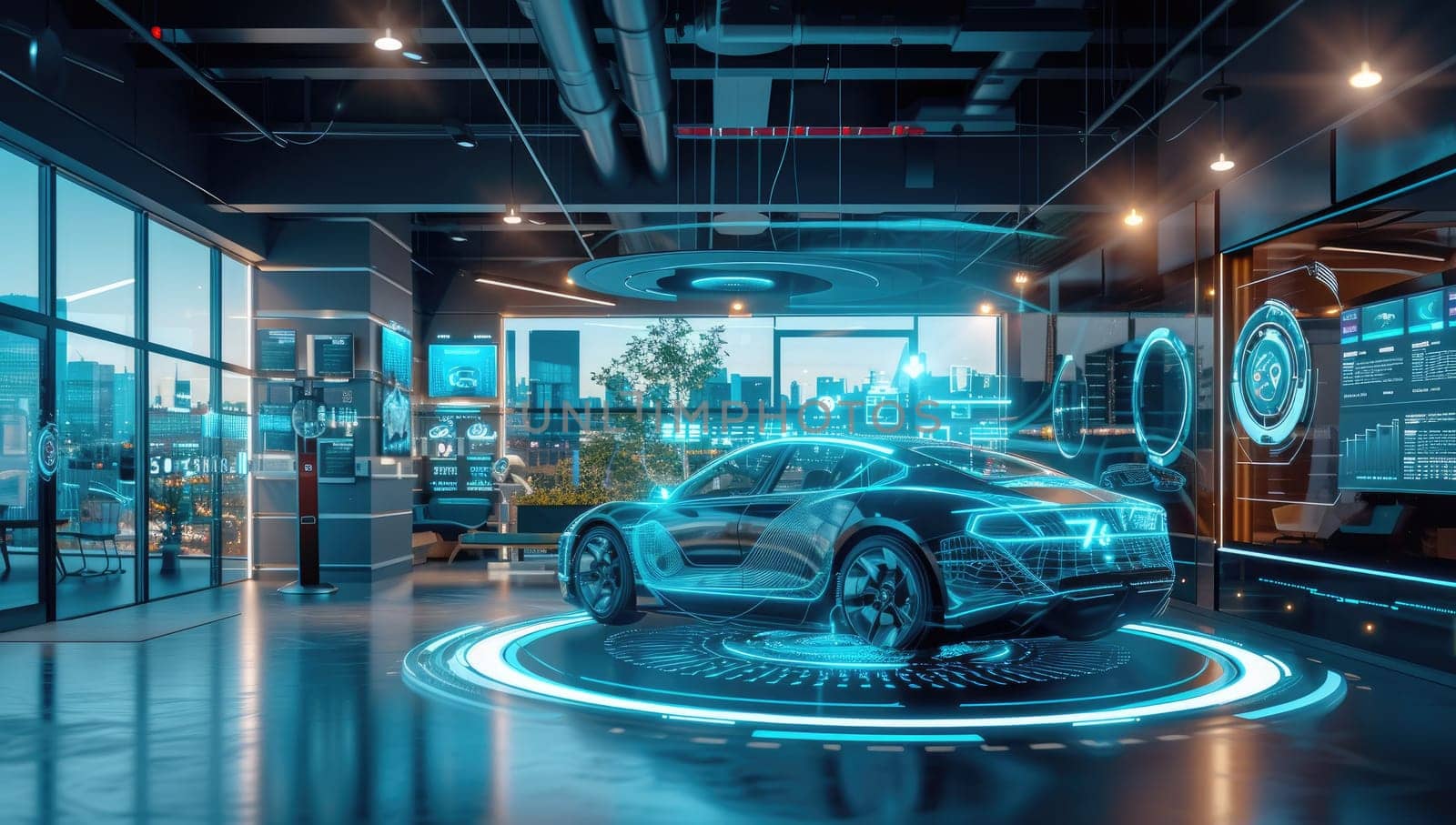 Luxury car showcased in a modern dealership with advanced technology interfaces by ailike