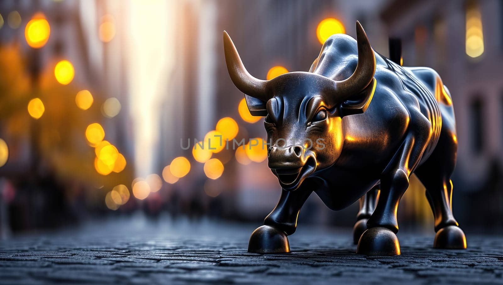 Golden bull standing powerfully in illuminated night city