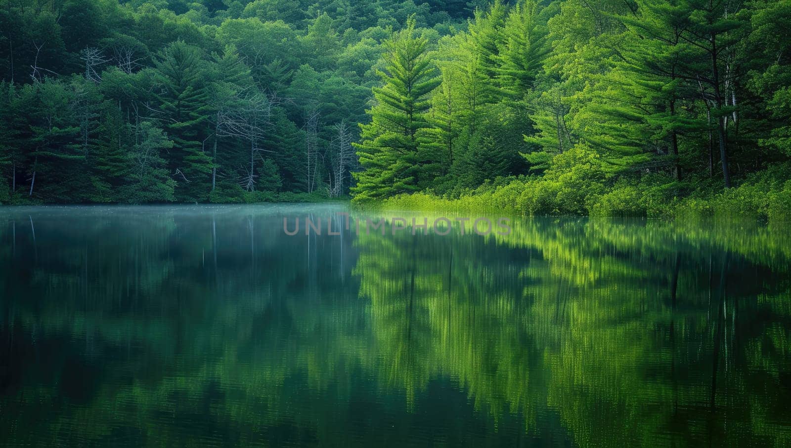 Serene green forest reflecting on calm lake waters by ailike