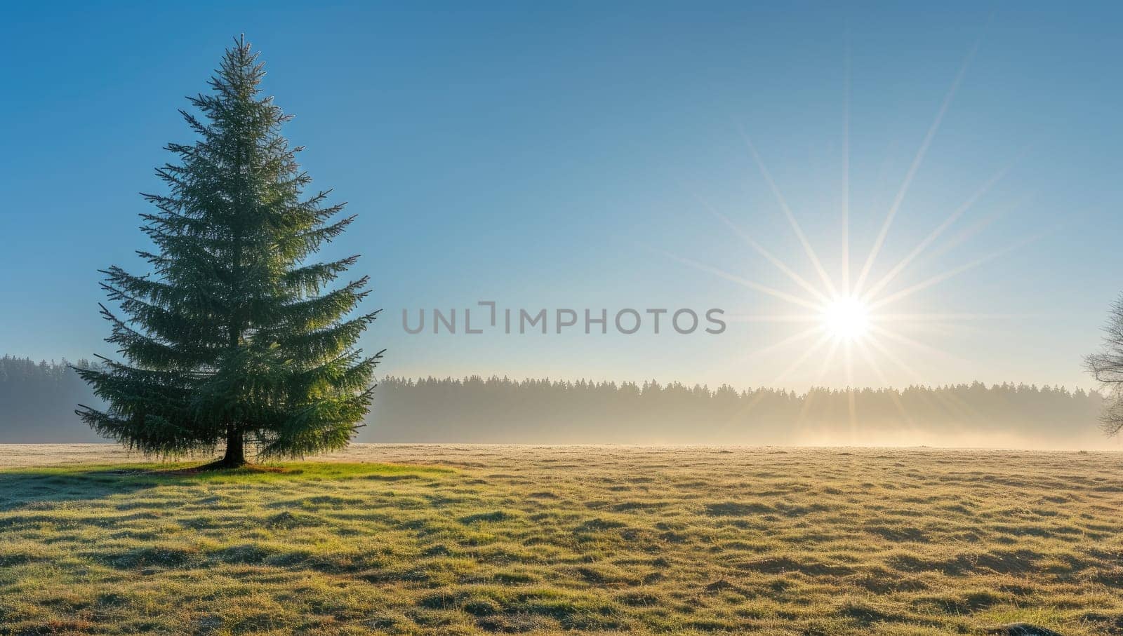 Lone coniferous tree in a foggy meadow at sunrise