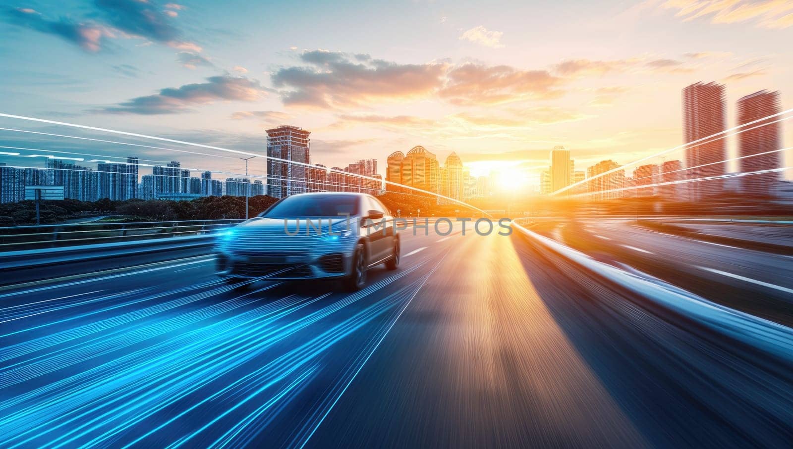 Car speeding on a highway with cityscape and sunset in the background by ailike