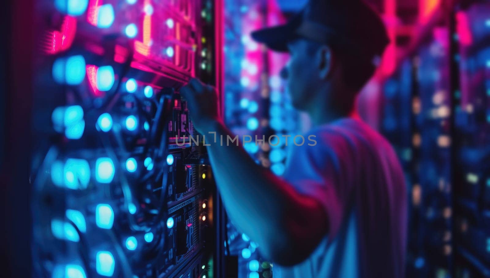 Professional man maintaining servers in a data center by ailike