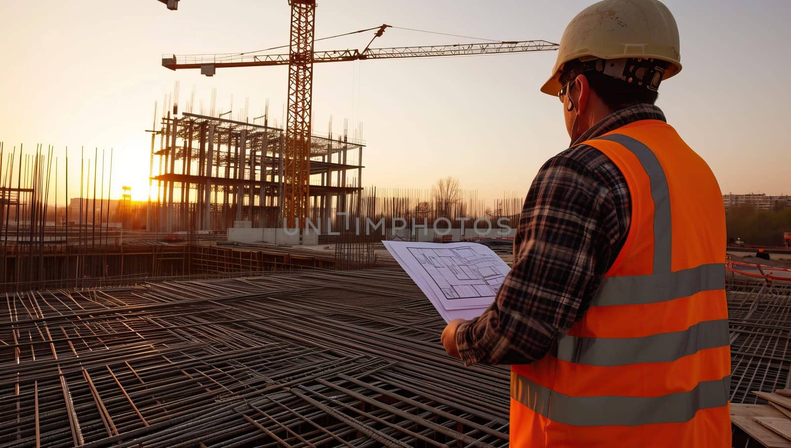 Engineer reviewing blueprint on construction site at sunset