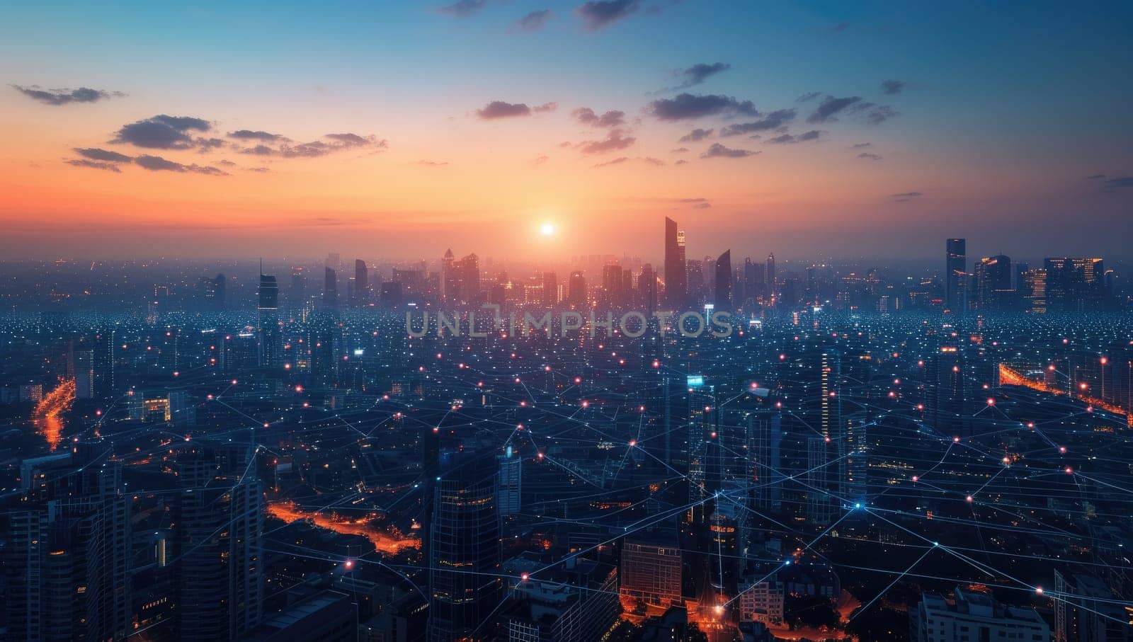 Sunset Illuminating Modern Cityscape with Glowing Networks