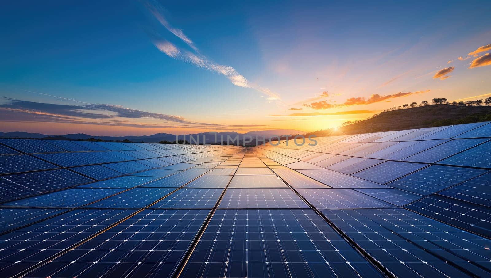 solar energy at sunset, photovoltaic panels for renewable electric production