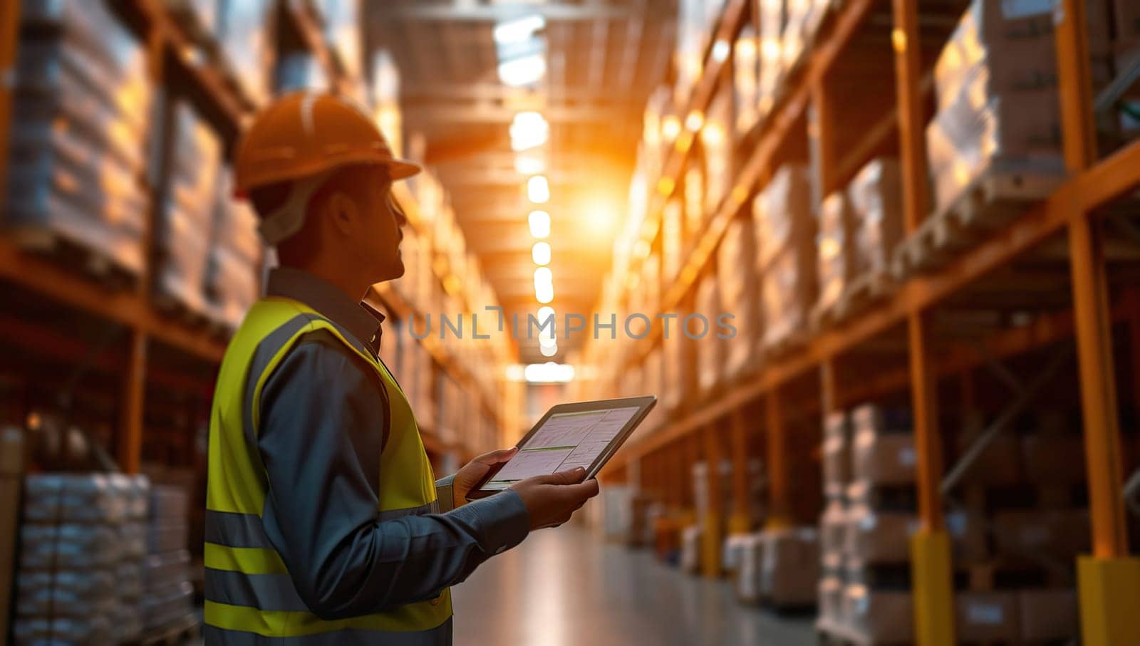 Warehouse Worker Reviews Inventory with Tablet