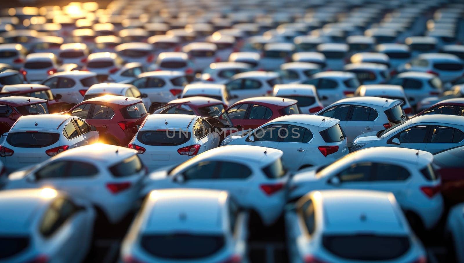 Vast parking lot filled with white cars at sunset