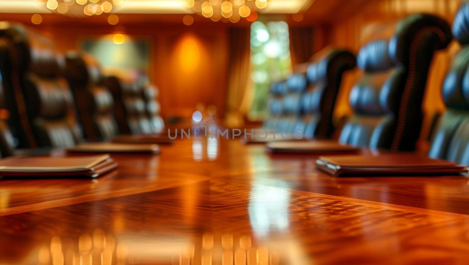 Elegant conference room with polished wooden table and plush seating