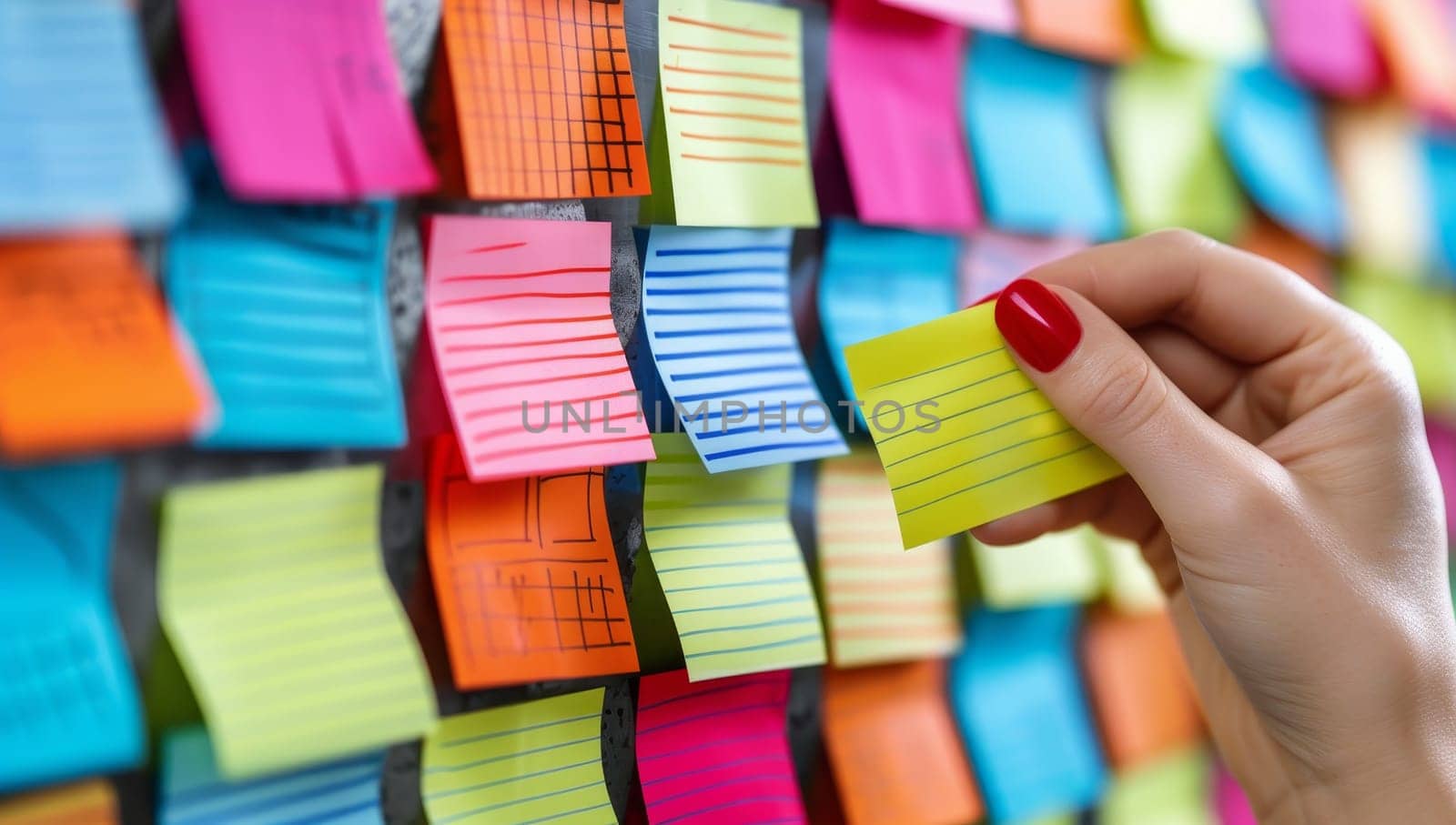 Closeup image of female hand holding colorful sticky notes on a wall
