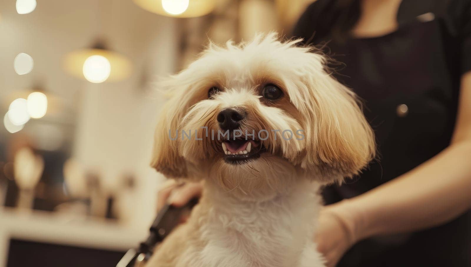 Hairdresser working with cute dog in salon